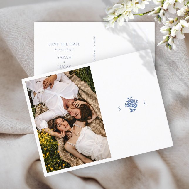 Blue & White Wedding Floral Monogrammed Wedding Announcement Postcard (Creator Uploaded)