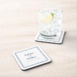 Blue White Wedding Modern Minimalist Newlywed Coaster<br><div class="desc">Simple, minimalist and chic Wedding coaster features a modern design with a double framed border in classic blue on a crisp white background. This modern simple design provides timeless, classic sophistication. Personalize names of couple and event date in elegant blue lettering and script. These are a perfect keepsake for your...</div>
