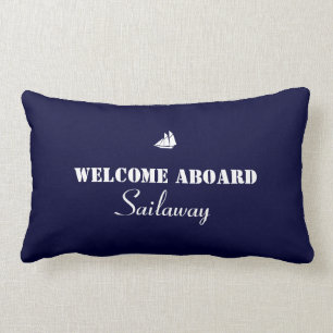 Blue White Welcome Aboard Boat Nautical Lumbar Cushion