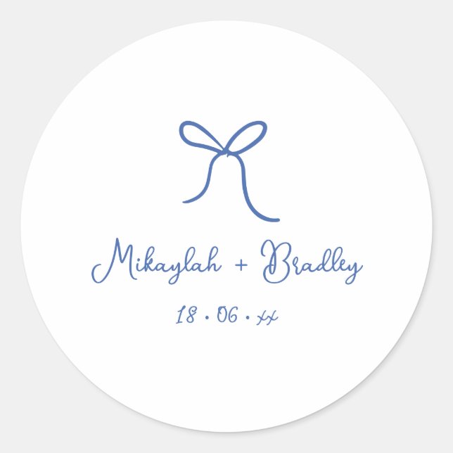 Blue & White Whimsical Bow Personalised Wedding  Classic Round Sticker (Front)