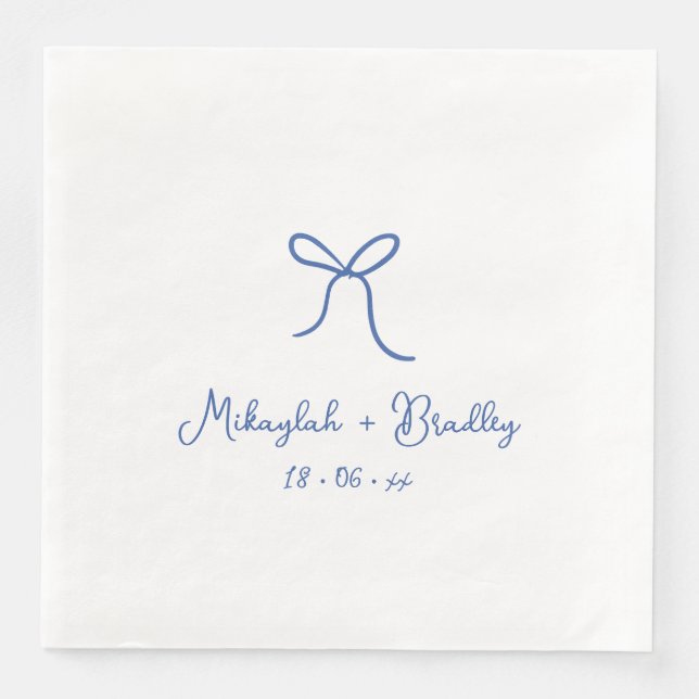 Blue & White Whimsical Bow Personalised Wedding  Napkin (Front)