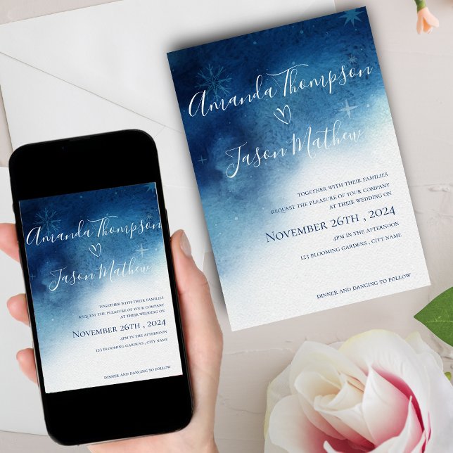 Blue White Whimsical Snowflake Elegance Wedding Invitation (Blue White Whimsical Snowflake Elegance Wedding Invitation)