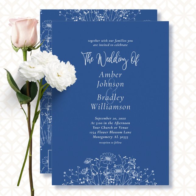 Blue White Wildflower Elegant Floral QR Wedding Invitation (Creator Uploaded)