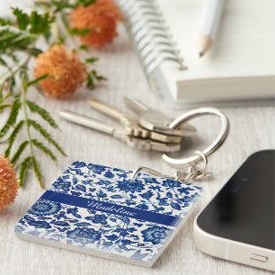 Blue White Wildflower French Country Chinoiserie Key Ring