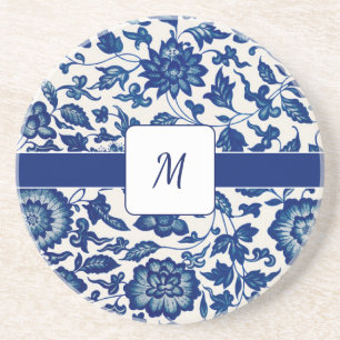 Blue White Wildflower French Country Custom Name Coaster