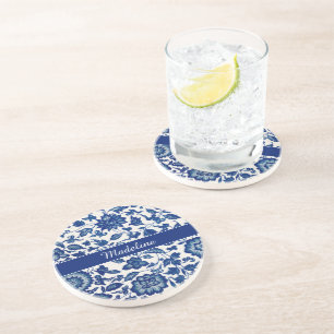 Blue White Wildflower French Country Custom Name Coaster