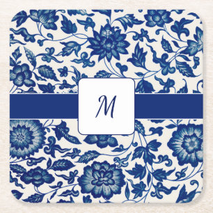 Blue White Wildflower French Country Custom Name Square Paper Coaster