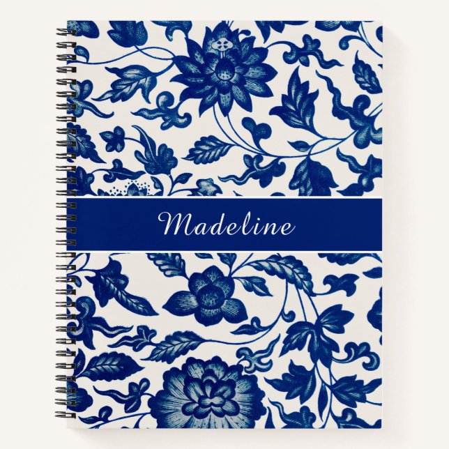 Blue White Wildflower French Country Custom Spiral Notebook (Front)