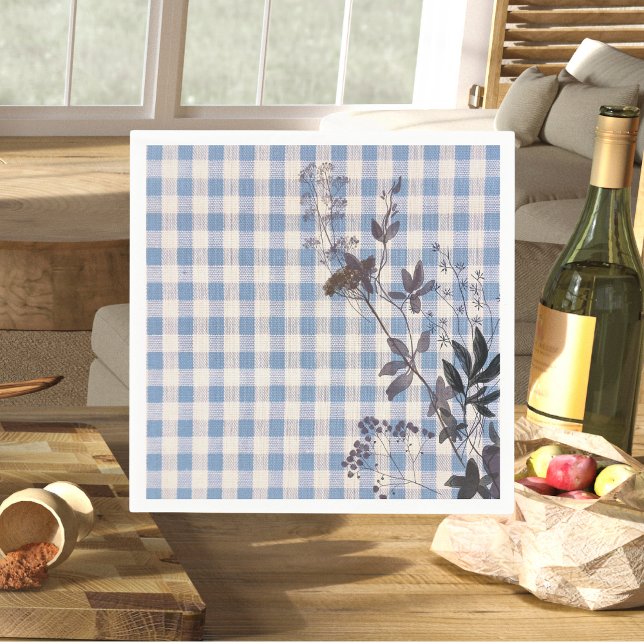 Blue White Wildflower Gingham Plaid Farmhouse Napkin (Creator Uploaded)