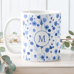 Blue White Wildflower Meadow Botanical Monogram Coffee Mug