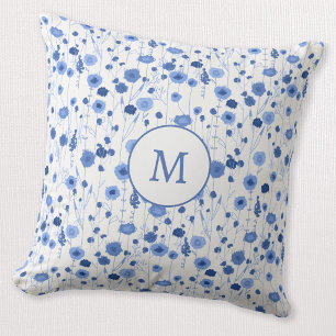 Blue White Wildflower Monogram Initial Floral Cushion