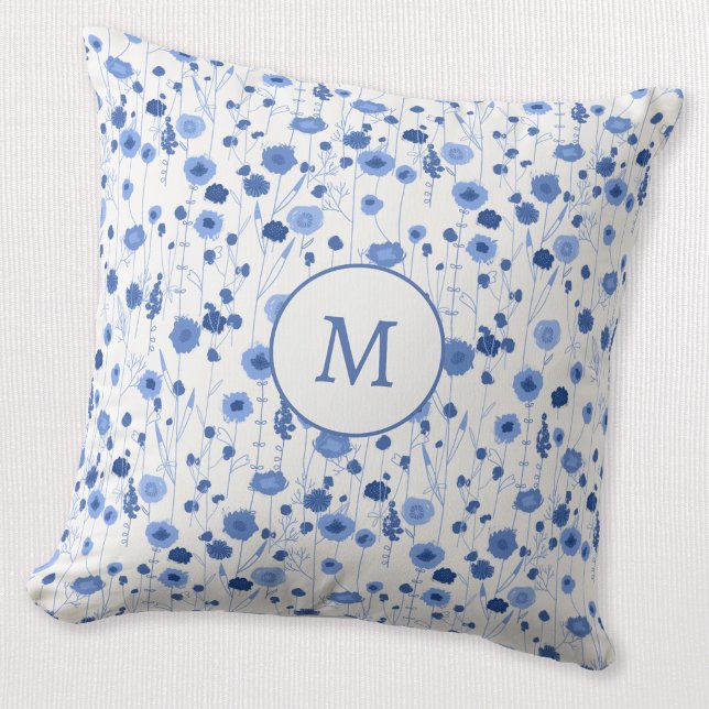 Blue White Wildflower Monogram Initial Floral Cushion (Coastal blue white personalized monogram initial wildflower meadow cottagecore throw pillow)