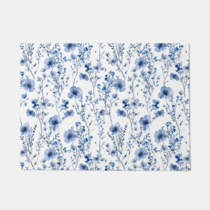 Blue White Wildflower Watercolor Floral Doormat