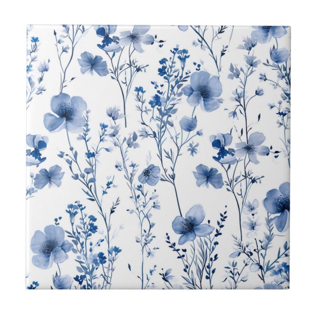 Blue White Wildflower Watercolor Floral Pattern Ceramic Tile (Front)