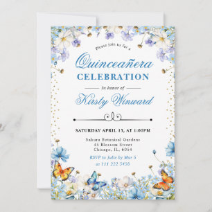 Blue White Wildflowers & Butterflies Quinceanera Invitation
