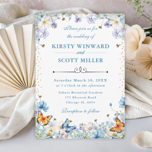 Blue White Wildflowers & Butterflies Wedding Invitation