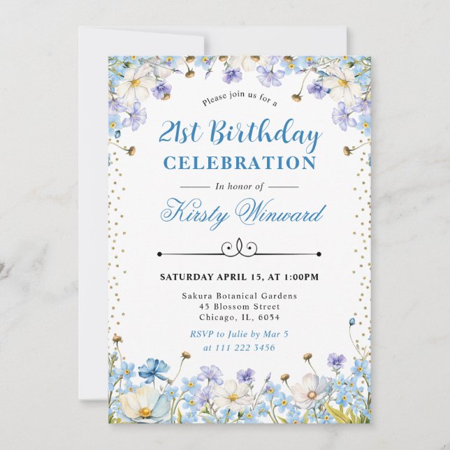 Blue White Wildflowers Forget Me Nots Birthday Invitation (Front)