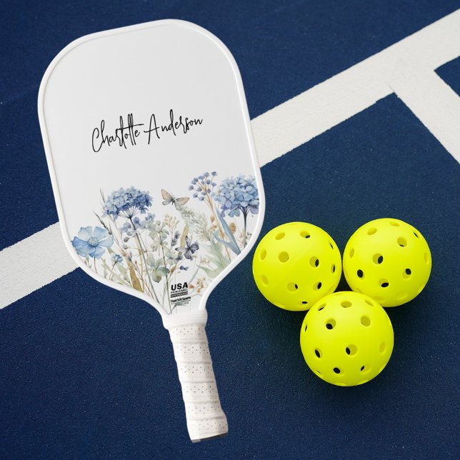 Blue white wildflowers name script pickleball paddle (Creator Uploaded)
