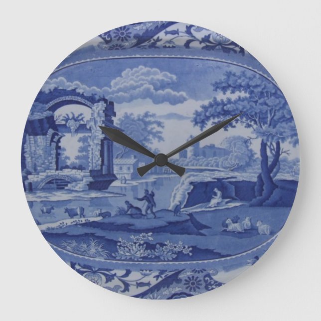 Blue & White Willow-Esque Plate w/English Scenes Large Clock (Front)