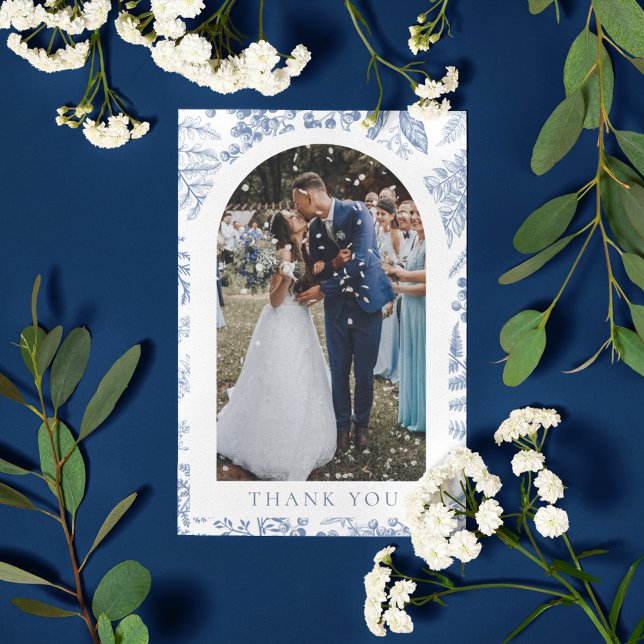 Blue White Willow Floral Photo Wedding Thank You Card (Blue White Willow Floral Photo Wedding Thank You Card)