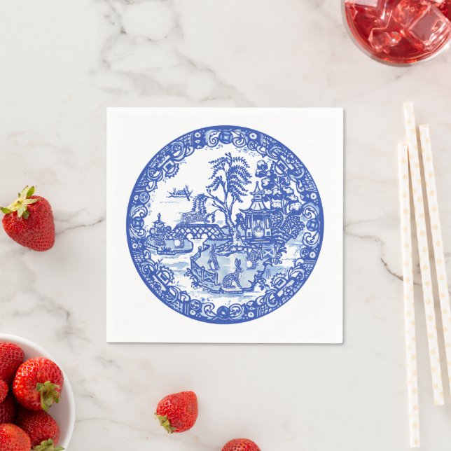 Blue White Willow Rabbit Classic Whimsical Napkins (Insitu)