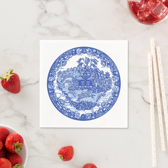 Blue White Willow Rabbit Classic Whimsical Napkins (Insitu)