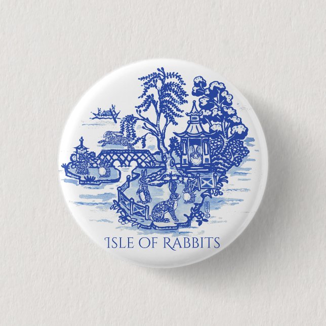 Blue  & White Willow Rabbit FloraI Island Pagoda 3 Cm Round Badge (Front)