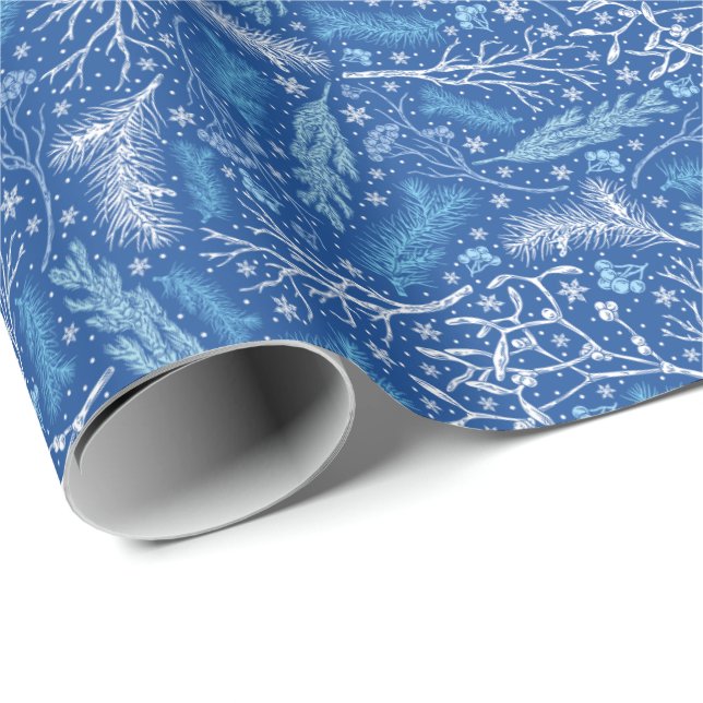 Blue & White Winter Botanical Pattern Wrapping Paper (Roll Corner)