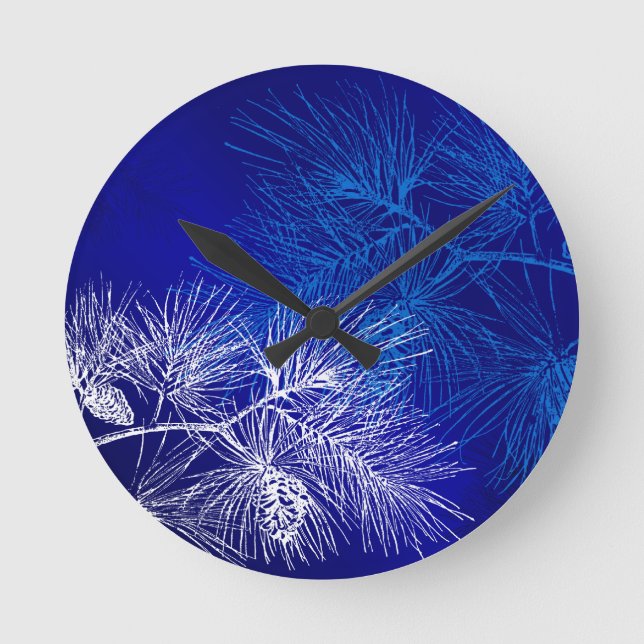 Blue White Winter Holiday Pine Round Clock (Front)