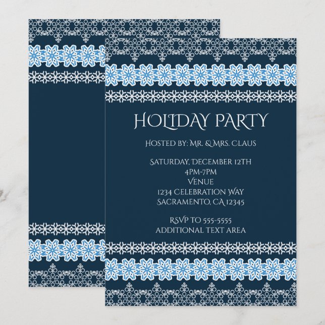 Blue & White Winter Lace Elegant Holiday Party Invitation (Front/Back)