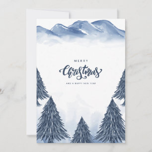 Blue White Winter Landscape Christmas Greeting Holiday Card