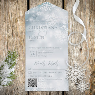 Blue & White Winter Snow Modern QR Code All In One Invitation