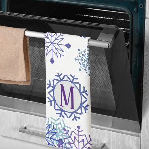 Blue White Winter Snowflake Elegant Monogram Tea Towel