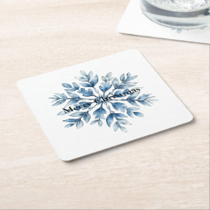 Blue White Winter Snowflakes Square Paper Coaster