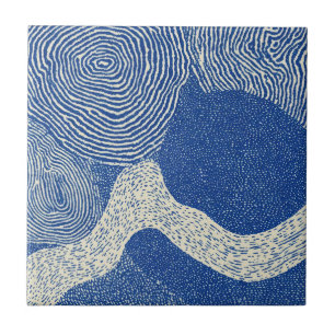 Blue White Woodcut Wave Abstract Pattern Ceramic Tile