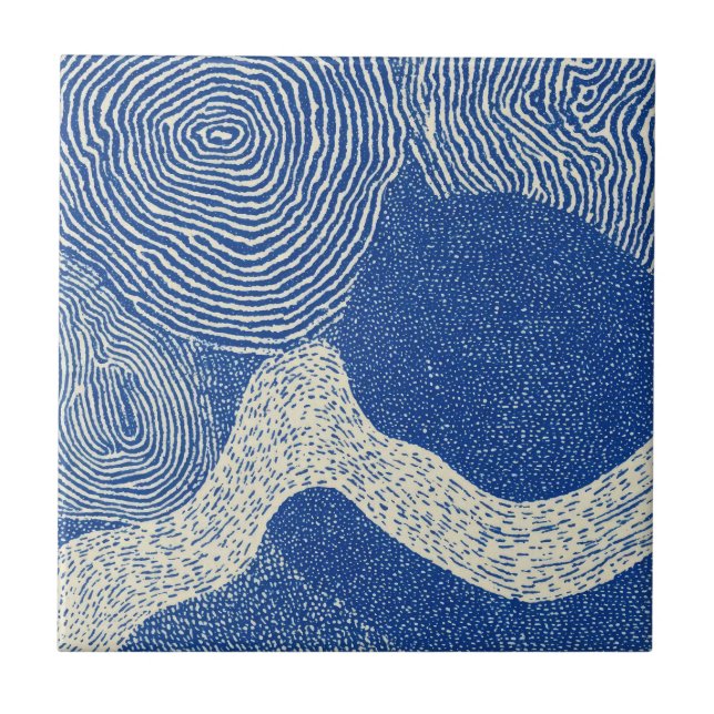 Blue White Woodcut Wave Abstract Pattern Ceramic Tile (Front)