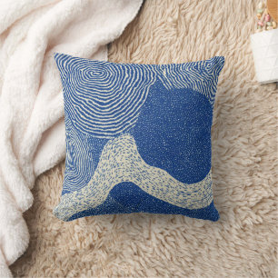 Blue White Woodcut Wave Abstract Pattern Cushion