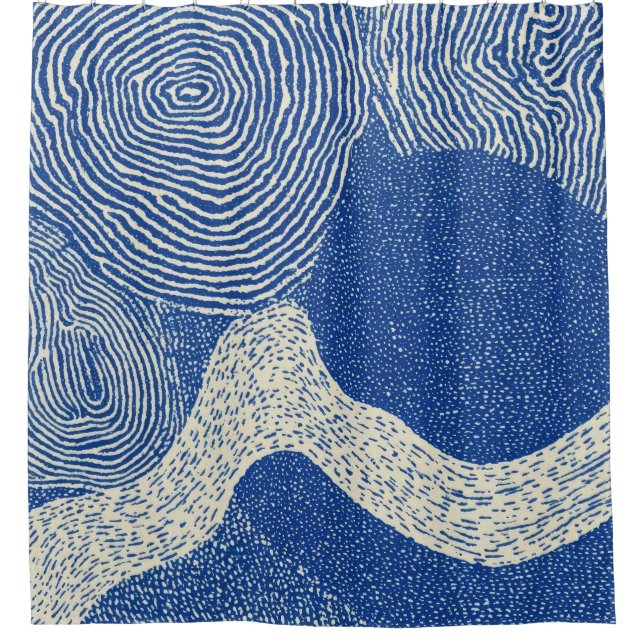 Blue White Woodcut Wave Abstract Pattern Shower Curtain (Front)