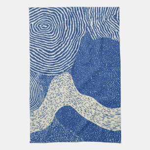 Blue White Woodcut Wave Abstract Pattern Tea Towel