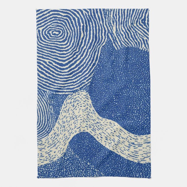 Blue White Woodcut Wave Abstract Pattern Tea Towel (Vertical)