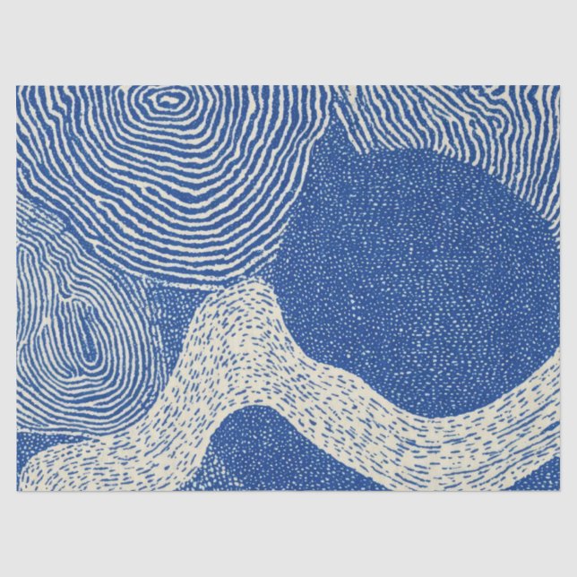 Blue White Woodcut Wave Abstract Pattern Tissue Paper (Front)