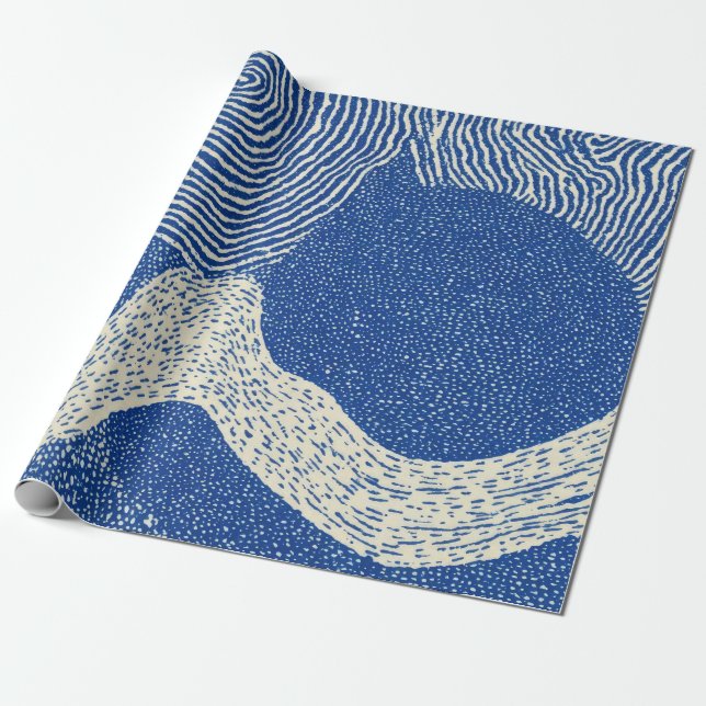 Blue White Woodcut Wave Abstract Pattern Wrapping Paper (Unrolled)