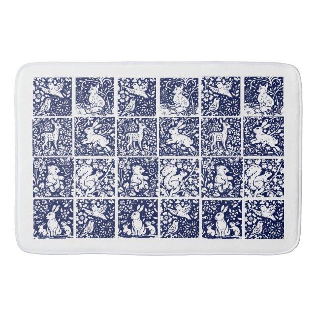 Blue White Woodland Animal Bear Fox Rabbit Foliage Bath Mat (Front)