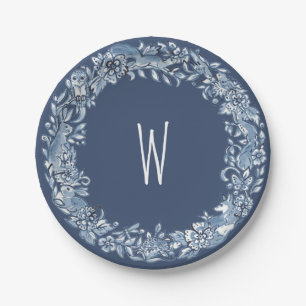 Blue & White Woodland Animal Wreath Delft Monogram Paper Plate