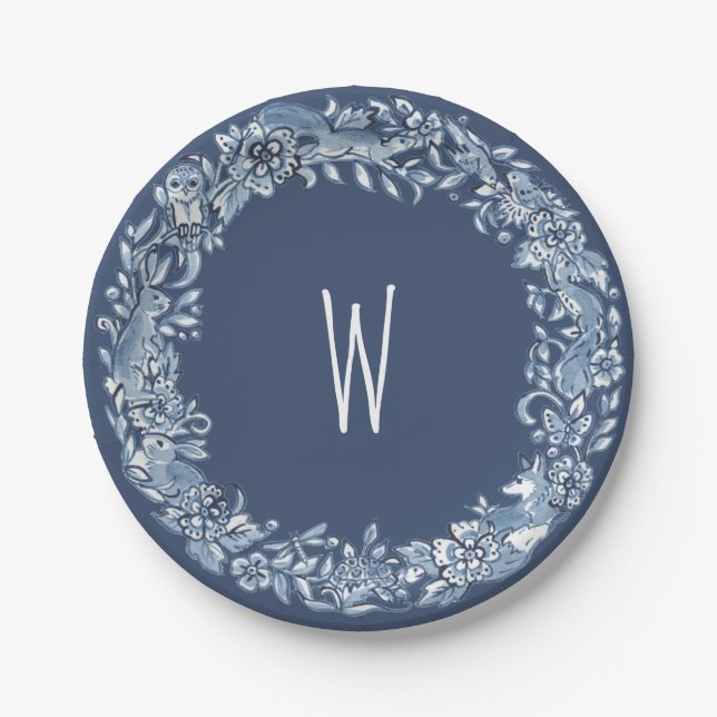 Blue & White Woodland Animal Wreath Delft Monogram Paper Plate (Front)