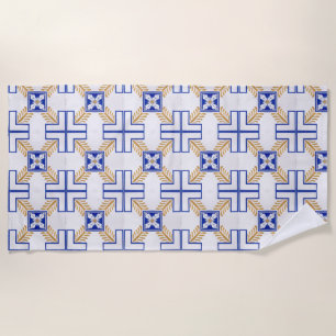 Blue White Yellow Azulejo Portuguese Tiles Pattern Beach Towel