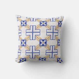 Blue White Yellow Azulejo Portuguese Tiles Pattern Cushion
