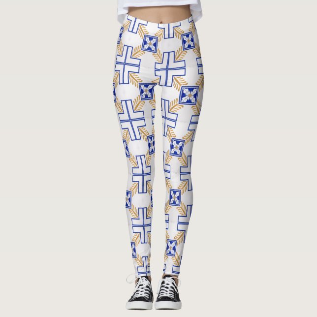 Blue White Yellow Azulejo Portuguese Tiles Pattern Leggings (Front)