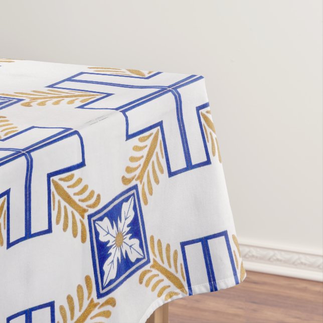 Blue White Yellow Azulejo Portuguese Tiles Pattern Tablecloth (In Situ)