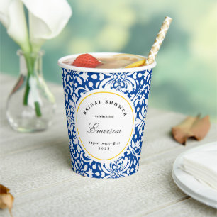 Blue White Yellow Chic Feminine Damask Pattern Paper Cups